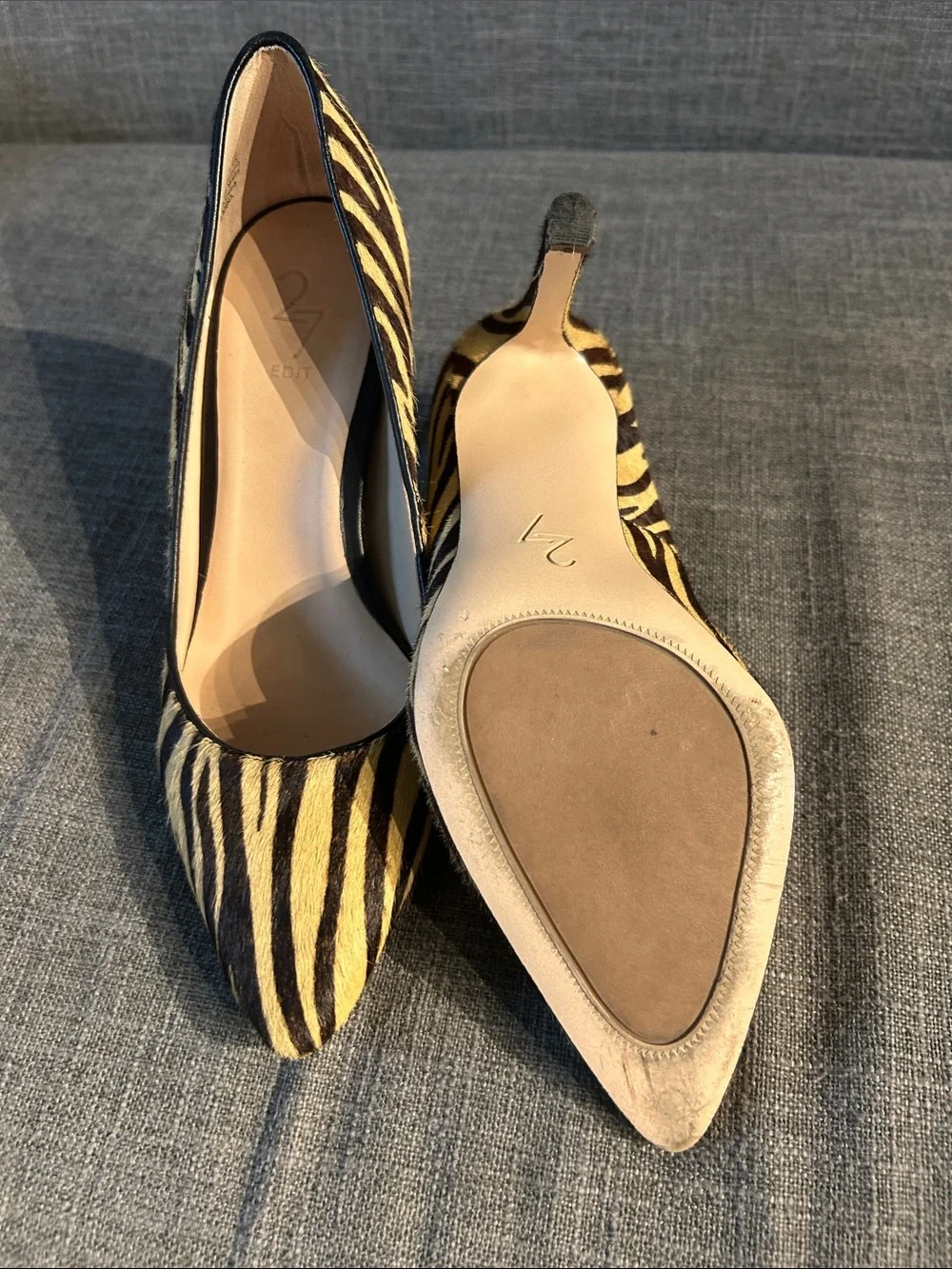 27 EDIT Zebra-Print Pointed Toe Stiletto Pumps in Black & Cream